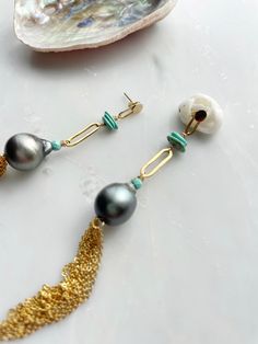 Tahitian Pearl Tassel Studs-Betina Roza Elegant Turquoise Jewelry With Tassels, Turquoise Accents, Tahitian Pearls, Gold Filled Chain, Tassel Earrings, Gold Filled, Tassels, Extra Large, Turquoise