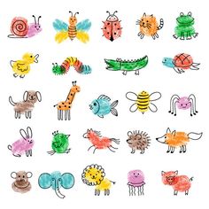 an image of children's drawing of animals and insects on white paper with colored crayons