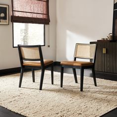 two chairs sitting on top of a rug in a room