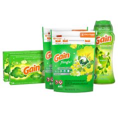 three different types of gain products on a white background, including green and yellow