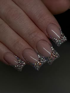 Crystal Tip Nails, Jewel French Tip Nails, Bedazzled French Tip Nails, Diamond French Tip Nails, French Tip Bling Nails, Mini Nails, Glitter Toe Nails, Glitter French Nails, Bridal Sari