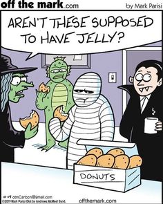 a cartoon depicting two people in costumes and one is holding a box of donuts