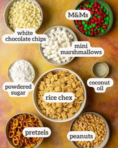 the ingredients for this recipe include cereal, pretzels, white chocolate chips and marshmallows