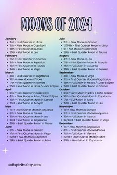 the moon calendar with dates and times for each zodiac sign, as well as other zodiac numbers