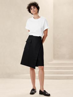 Linen-Blend Knee-Length Skirt | Banana Republic Factory Modern Asymmetrical Hem Bottoms For Spring, Asymmetrical Hem Bottoms With Pockets For Spring, Spring Chic Skirt With Cargo Pockets, Chic Spring Skirt With Cargo Pockets, Spring Bottoms With Asymmetrical Hem And Pockets, Summer Day Out Skirt With Side Pockets, Versatile Workwear Bottoms With Asymmetrical Hem, Cotton Asymmetrical Skirt With Pockets, Asymmetrical Spring Bottoms With Pockets