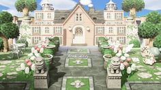 an animated image of a house with flowers in the front yard and lawns on either side