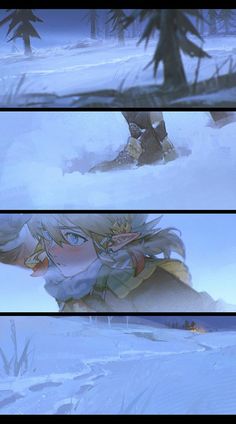 three different pictures of the same character in an animated video game, with snow and trees