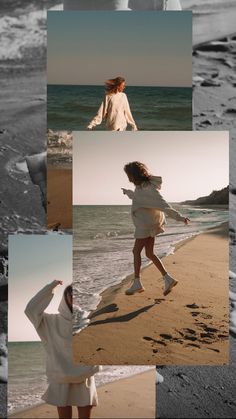 the woman is walking on the beach with her arms in the air