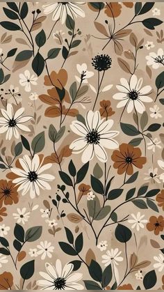 an image of flowers and leaves on a beige background with brown, white, and green colors