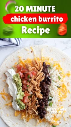 chicken burrito recipe with black beans, guacamole and sour cream on top