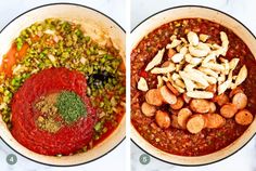 two images showing the steps to make an italian dish in one pot and then adding sauce on the other