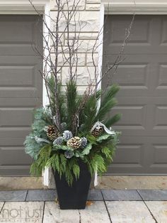 NFTG creates custom seasonal outdoor planters that include natural or artificial botanicals for both residential and commercial customers. Winter Porch Pots, Outdoor Planter Ideas, Porch Pots, Winter Planters, Porch Decorations