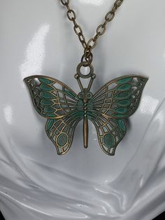 Large  filigree butterfly pendant. Teal patina butterfly necklace.  Unique design. Statement piece.  Perfect gift of jewelry.  24 inch chain included. Design Statement, Necklace Unique, Necklace Statement, Butterfly Necklace, Butterfly Pendant, Brass Pendant, Pendant Necklaces, Statement Pieces, Jewelry Necklace Pendant