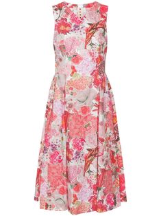 pink cotton all-over floral print V-neck concealed rear zip fastening sleeveless A-line skirt straight hem mid-length Feminine Sleeveless Midi Dress With Rose Print, Floral Print A-line Midi Dress For Garden Party, Pink A-line Sleeveless Dress For Spring, Sleeveless Rose Print Floral Dress For Spring, Summer Rose Print A-line Dress, Summer A-line Dress With Rose Print, Spring Rose Print Dress For Daywear, Elegant Pink Floral Print Sleeveless Dress, Pink Sleeveless Midi Dress For Garden Party