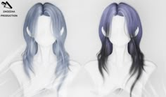 two female mannequins with blue and purple hair, one is facing the camera