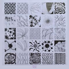 an art work with many different designs on the paper, including black and white images