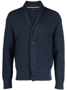 navy blue cotton blend silver-tone logo plaque V-neck front button fastening long sleeves ribbed cuffs and hem straight hem Blue V, Knitwear Men, Cotton Cardigan, White Cardigan, Knitwear Cardigan, Black Cardigan, Hugo Boss, Knit Cardigan, Zip Ups