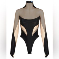 a black and nude bodysuit with cutouts on the shoulders, long sleeves and high neckline