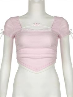 Heart pointelle fabrication Lace patchwork,  Hollow-out square neck, Crossover by bow, Cute bows on sleeves Material: Polyester cotton spandex Color: Pink Size: S, M, L Unit: CM Bust Waist Shoulder Length Sleeve S 75 62 34 43 14 M 79 66 35 44 14.5 L 83 70 36 45 15 Tips: 1cm ≈ 0.3937 inch Kindly note: There may be 2-3cm Fitted Cotton Crop Top With Square Neck, Pink Fitted Square Neck Crop Top, Pink Fitted Square Neck Top, Fitted Patchwork Tops With Short Sleeves, Fitted Patchwork Short Sleeve Tops, Fitted Patchwork Crop Top For Spring, Pink Square Neck Crop Top For Spring, Fitted Cotton Patchwork Crop Top, Trendy Pink Crop Top With Square Neck