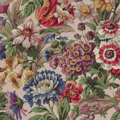 a floral wallpaper with many different colors and flowers on it's side,