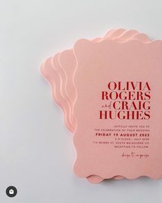 a pink card with the words ollivia rogers and craig hughs on it