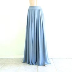 Long Summer Skirt For Bridesmaid, Flowy Wide-leg Pleated Skirt, Non-stretch Pleated Full Maxi Skirt, Blue Flowy Party Skirt, Flowy Blue Party Skirt, Blue Maxi Length Party Bottoms, Elegant Flowy Full Length Maxi Skirt, Blue Flowy Skirt For Party, Flowy Blue Maxi Skirt With Gathered Details