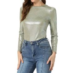 Allegra K Metallic Tops for Women's Sparkly Party Shiny Shirt Long Sleeve Round Neck Metallic Fabric Regular Fit Metallic fabric adds multi-shine to this comfy and casual puff sleeve tops. A fashion evening is in the works when you wear a metallic blouse, set with puff sleeves. Wear it with wide-leg trousers or style it with leather leggings and heels for the evening. It's designed with round neck and puff sleeves and it has textured fabric to it that sets it apart from more simplistic styles. S Metallic Tops, Puff Sleeve Tops, Metallic Crop Top, Leggings And Heels, Sparkly Party, Metallic Blouses, Shiny Clothes, Metallic Fabric, Disco Party