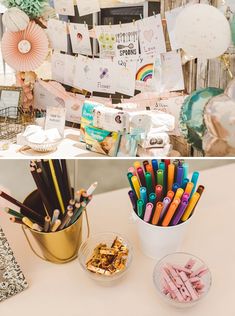 there are many different items on the table and in this photo it is an assortment of pencils