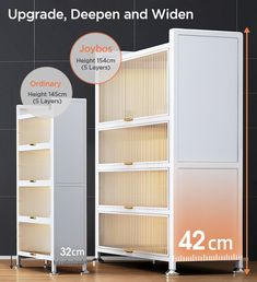 an image of a white cabinet with drawers and shelves next to the measurements for it