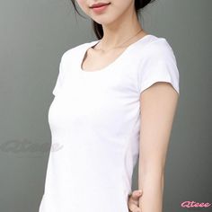 Qteee - Classic White Short-Sleeve Slim-Fit Crewneck T-Shirt - Ideal for Layering or as an Essential Wardrobe Staple Stretch Crew Neck Short Sleeve Top In Solid Color, Stretch Crew Neck Short Sleeve Top, Summer T-shirt With Scoop Neck In Solid Color, Stretch Plain Short Sleeve T-shirt, Solid Stretch Short Sleeve Top, Solid Color Stretch Short Sleeve Top, Basic Stretch Plain Tops, Fitted Short Sleeve Plain Tops, Fitted Plain Short Sleeve Tops