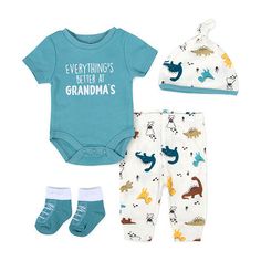 This Baby Essentials 4-piece bodysuit set from their baby boy's collection is made from super-soft ribbed cotton-knit for comfortable wear. It includes a graphic short-sleeve onesie with snap-bottom closures, and striped leggings, a matching hat, and sneaker-embroidered socks. Mix and match this set with some of the brand's cutest pieces.# Pieces In Set: 4Included: 1 Pair(s) of Socks, 1 Beanie(s)1st Piece Description: Bodysuit1st Piece Fabric: Rib Knit1st Piece Fiber Content: 60% Cotton, 40% Pol Embroidered Socks, Layette Set, Baby Boy Onesies, Matching Hat, Striped Leggings, Short Sleeve Bodysuit, Baby Things, Clothing Sets