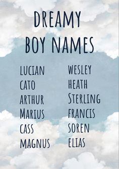 the words dream boy names are written in black on a blue and white background with clouds