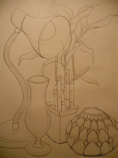 a drawing of vases and flowers on a table