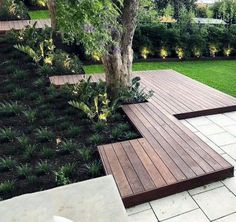 a wooden deck with steps leading up to trees and plants on the ground in front of it