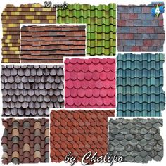 many different types of roofing tiles in various colors and sizes, including red, green,