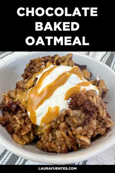 chocolate baked oatmeal in a white bowl with caramel drizzle on top