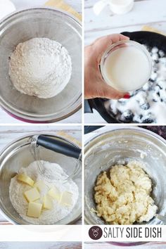 four pictures showing how to make homemade buttered biscuits