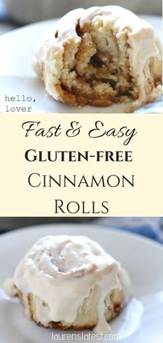 an image of cinnamon rolls with frosting on them and the title overlay reads, fast & easy gluten - free cinnamon rolls