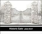 a drawing of an iron gate in front of a brick wall