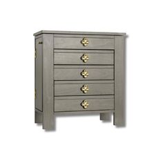 a grey chest with four drawers and gold knobs on the front, against a white background