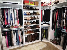 the closet is full of clothes and shoes