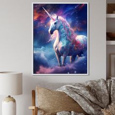 a painting of a unicorn in the sky with clouds and stars behind it, framed on a wall above a bed