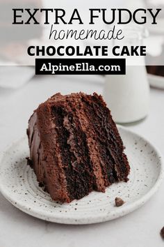 a piece of chocolate cake sitting on top of a white plate