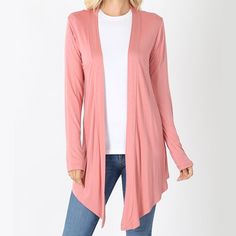 Wear With All Cardi Draped Cardigan in Pink This open cardigan drapes gorgeously! The fabric is super soft and promises to ward off any chill. Sure to be a wardrobe staple! 95% Rayon / 5% Spandex Spring Faux Wrap Cardigan, Spring Solid Color Wrap Cardigan, Spring Wrap Cardigan In Solid Color, Versatile Stretch Wrap Cardigan, Fall Long Sleeve Faux Wrap Cardigan, Fall Faux Wrap Long Sleeve Cardigan, Draped Cardigan, Fashion Cover, Drape Cardigan