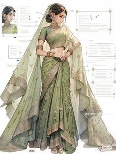 a woman in a green sari with her hand on her hip, and an info sheet