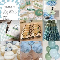 a collage of baby shower themes including blue, green and white items with the words welcome to kingston's baby shower