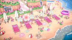 an animated beach scene with lawn chairs and umbrellas