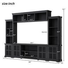 a large entertainment center with shelves and drawers, measurements for each piece in the wall