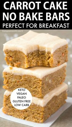 three carrot cake no bake bars stacked on top of each other with frosting