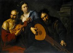 a painting of three men playing music together, one holding a lute and the other wearing headphones